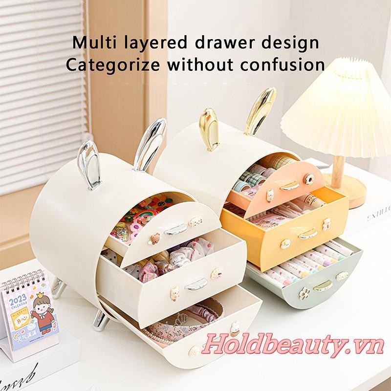Phụ Kiện Tóc Tổ Chức Cho Bé Gái Thỏ Dễ Thương 3 Ngăn Kéo Kẹp Tóc Bảo Quản Hộp Trang Sức Cho Băng Đô Buộc Tóc