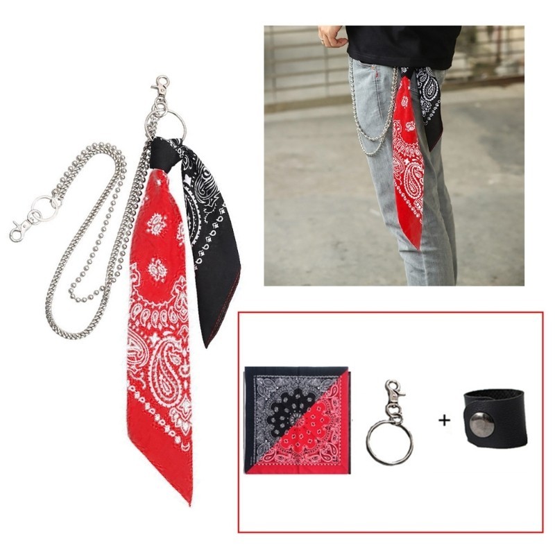 Hip Hop Contrast Color Paisley Biker Bandana with Waist Wallet Chain Pants Belt