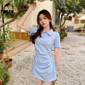 Váy cổ polo ngắn tay phong cách Hàn Quốc dành cho nữ Váy dây rút mỏng Váy ôm