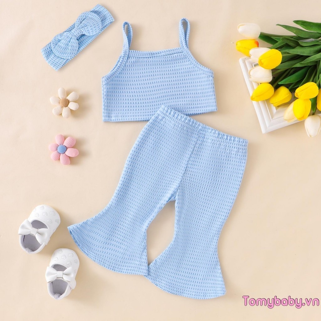 Bé Gái 3 Bộ Quần Áo Màu Trơn Gân Áo Tank Không Tay + Quần loe Băng Đô Trang Phục Mùa Hè