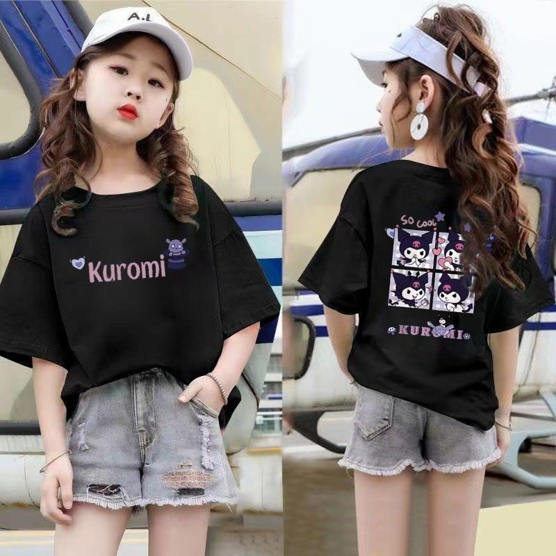 Mùa Hè Kuromi Họa Tiết Hoạt Hình Áo Thun Bé Gái Họa Tiết Áo Sơ Mi Trẻ Em Hàng Ngày Tay Ngắn
