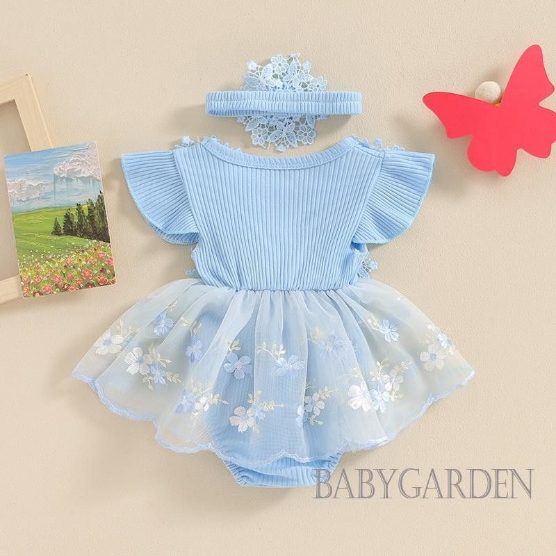 Baga-infant Bé Gái Trang Phục Mùa Hè Tay Bay Thêu Hoa Áo Liền Quần Có Băng Đô