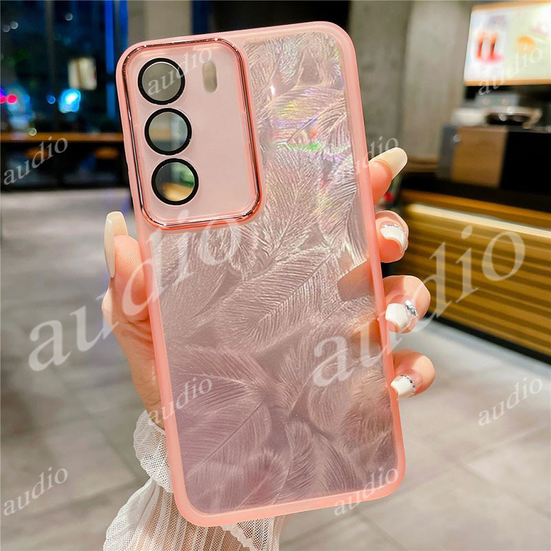 Ốp Điện Thoại Lấp Lánh Lông Vũ Laser Cho Oppo Reno 12 Pro 12Pro 12F 5G 4G Với Phim Bảo Vệ Ống Kính Máy Ảnh Trong Suốt Lông Vũ Vỏ Điện Thoại Cho Oppo Reno12 Pro 5G Ốp Lưng