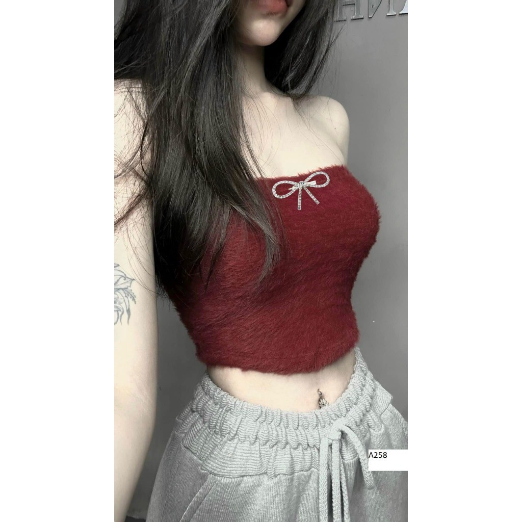 (Có tag đá xinh xắn) Áo CropTop Nữ, Áo Ống Lông Giả Màu Trơn Không Dây Ôm Dáng Vừa Vặn Cho Nữ - A258