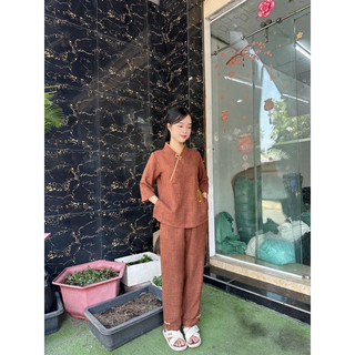 set pháp phục đính nút sò thêu chữ mẹ, thời trang phật tử nữ đi chùa
