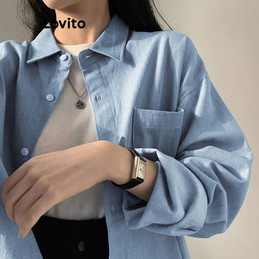 Ảnh Áo Lovito denim wash nút trước màu trơn thường ngày cho nữ LNE24112 (Nhiều màu) 1