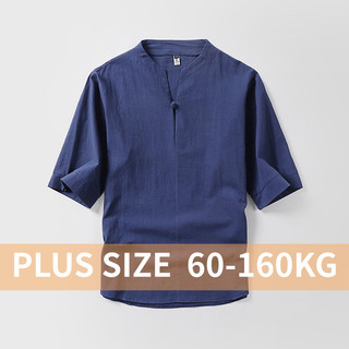 Plus Size Men Linen Buttoned T-Shirt Oversize Cotton Linen Three-Quarter Sleeve Casual Loose V-Neck