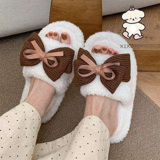 Xixitiao Thu Đông Phong Cách Mới Cổ Tích Phong Cách Nơ Ngọt Ngào Nữ Cotton Dép Thời Trang Retro Đế Mềm Thoải Mái Lông Dép