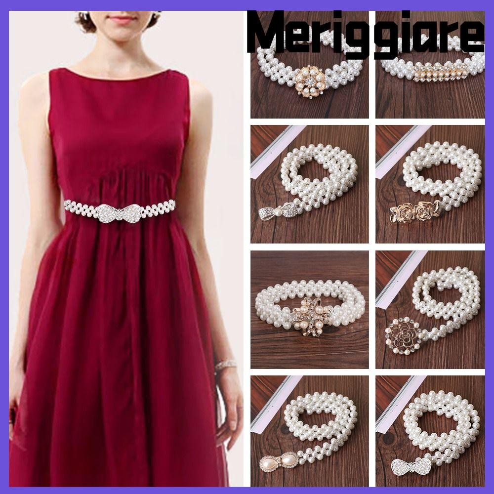 Dây thắt lưng MERIGGIARE có ngọc trai, Dây thắt lưng kim cương giả thanh lịch co giãn dành cho nữ, Dây rút mỏng đơn giản thời trang dành cho nữ