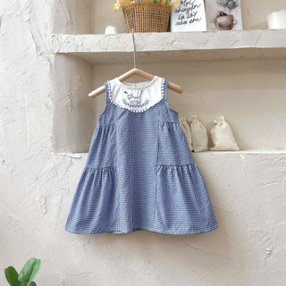 Váy Hè Bé Cotton Caro Thêu Mèo Cho Bé Mặc Đi Học, Đi Chơi,.... 8-26kg