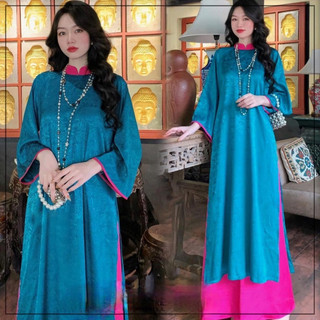 Áo dài lụa, áo dài 2 tà chất liệu gấm dáng suông phối màu siêu xinh may sẵn_Jn Design J01