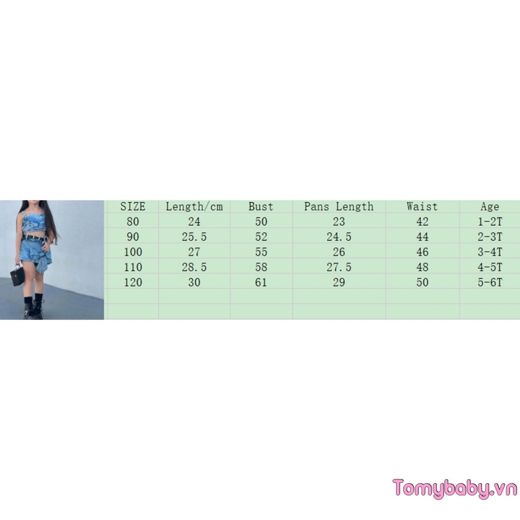 Bộ trang phục 2 món mùa hè cho bé gái Bộ Áo hai dây Denim cổ điển kèm quần short nơ