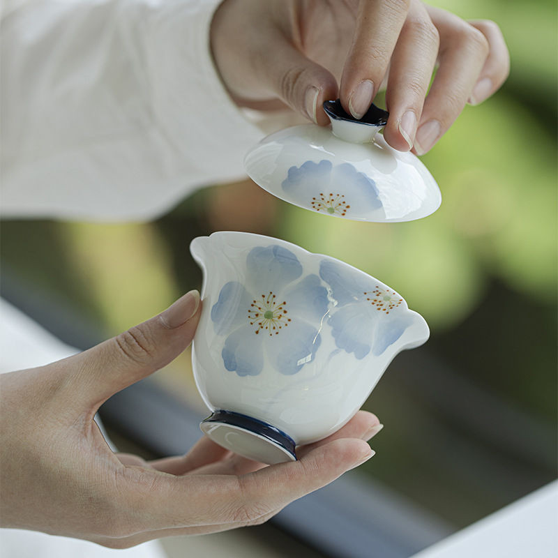 ✨Bộ trà Begonia Flower Gaiwan Kung Fu vẽ tay nguyên chất & Bát trà sứ trắng cao cấp tinh tế & Bộ trà Trung Quốc & Cốc trà