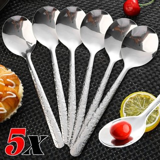 5 Chiếc Thìa Nứt Đá Inox - Thìa Cơm Tay Cầm Dài - Dùng Cho Món Tráng Miệng, Đồ Uống, Cà Phê, Kem - Thìa Canh Bạc Phong Cách Hàn Quốc - Bộ Đồ Ăn Nhà Bếp