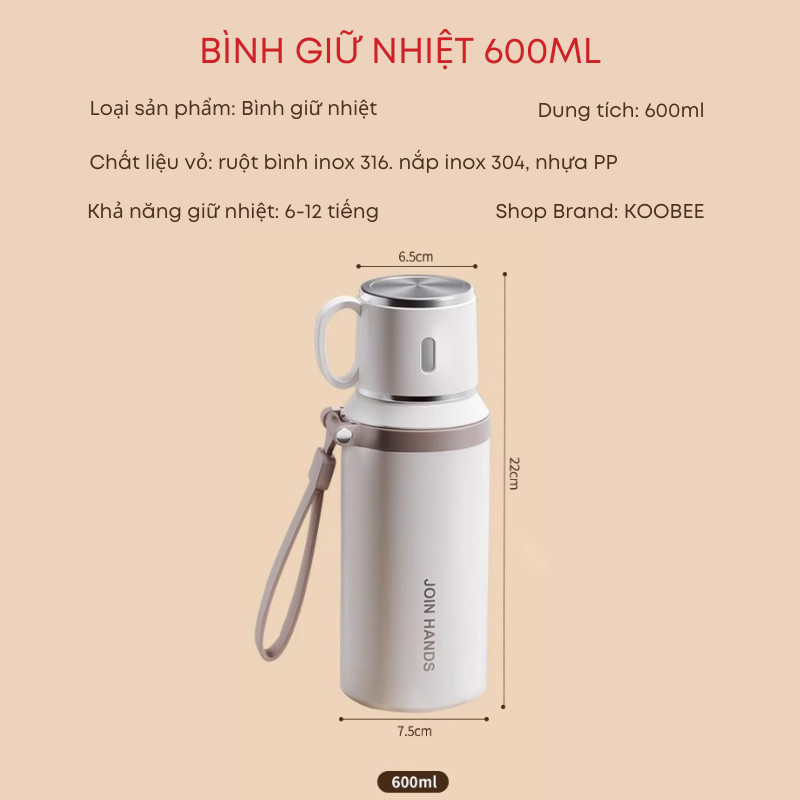Bình Giữ Nhiệt Cao Cấp 600ml Inox 316 Bình Nước Nắp Tách Thành Cốc, Có Dây Xách Và Lưới Lọc Trà Tiện Lợi | 255