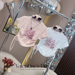 Set Váy Bé Gái Dễ Thương - Áo Thun Hình Mèo Rút Dây + Váy Jean Xếp Ly Công Chúa, Phong Cách Hàn Quốc