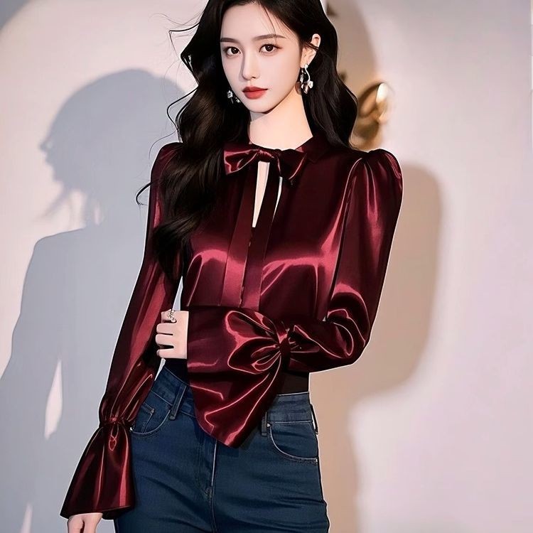 ✨Thời Trang Pháp Ren Nơ Rỗng Màu Trơn Áo Sơ Mi 2025 Đầu Xuân Xếp Ly Dài Tay Ôm-Fit Top Nữ 25.3.26