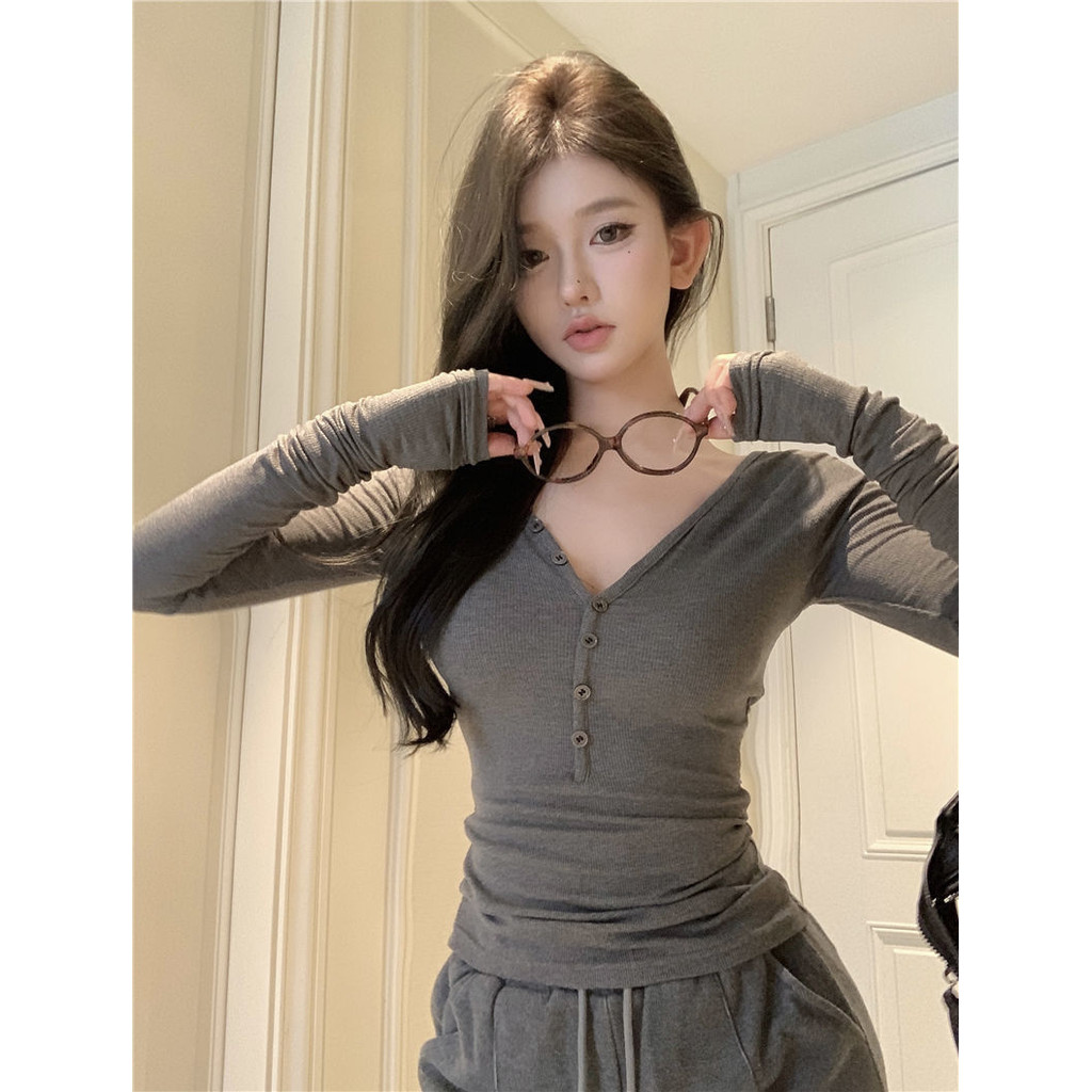 Milyfashion Pure Desire Dài Tay T Gợi Cảm Cổ Chữ V Lộ Xương Cổ Ôm Đáy Đơn Giản Phù Hợp Với Áo tee Cho Bé