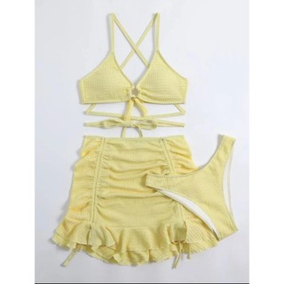 Đồ Bơi Nữ Màu Kẹo Dây Đeo Chéo Voan Váy Ba Mảnh Bikini Tắm SUit