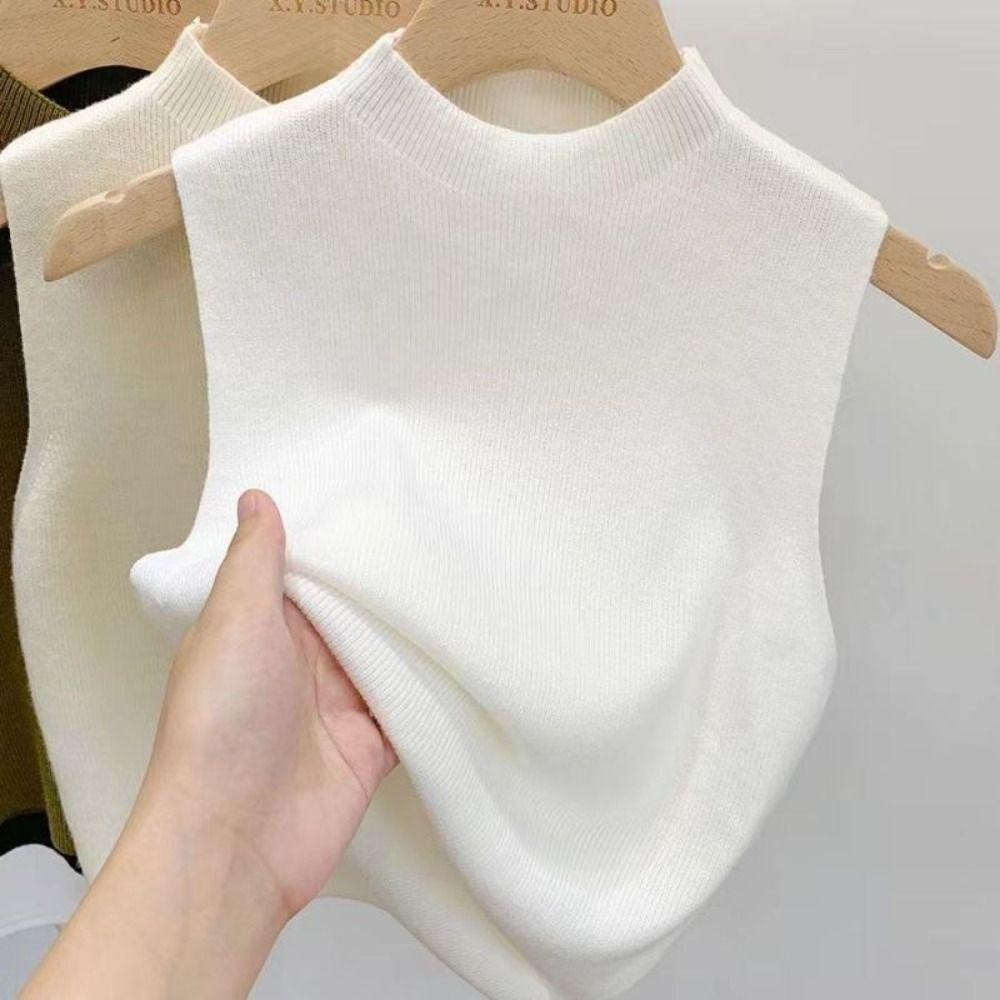 Áo len dệt kim SUNKISSD, Áo bình giảm béo cổ nửa cổ, Áo hai dây màu trơn không tay thanh lịch dành cho nữ