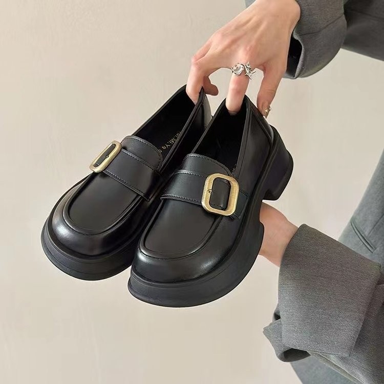 Mũi Tròn Dày Gót Slip-On Loafers Khóa Kim Loại PU Đế Dày Nhật Bản jk Giày Sinh Viên Pháp Đen Da Nhỏ Giày Đi Làm Giày Đi Làm Nhà Máy Giá Bán Buôn
