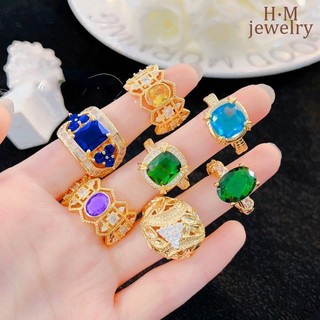 H.M Sang Trọng Mạ Vàng 18K Cầu Vồng Đá Quý Nhẫn Vintage SUNFLOWER Nhẫn Kim Cương Màu Thanh Lịch Đá Quý Trang Sức