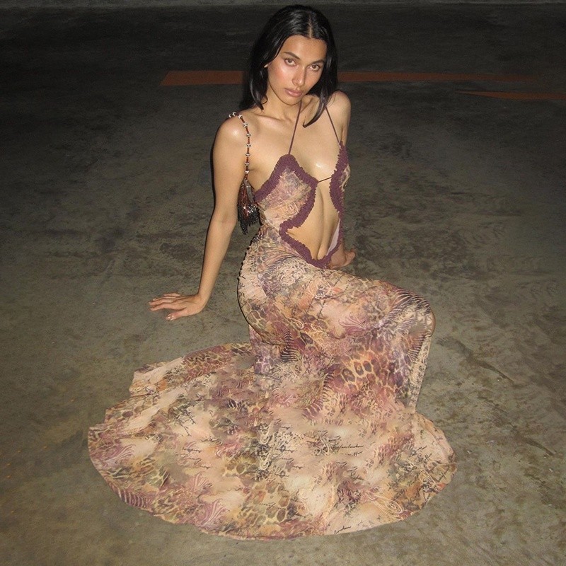 Klalien Bên Chia Đầm Nữ Spaghetti Dây Cổ Ăn Được Cây Nấm Rỗng Ra Gợi Cảm Dạ Hội Nữ Vestido