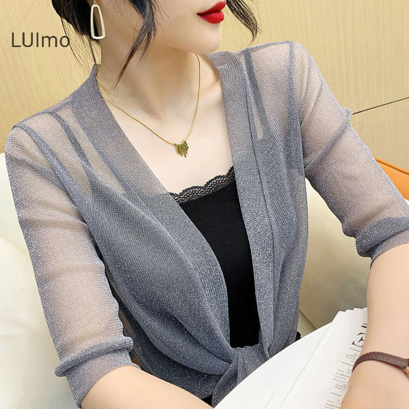 Luimo Áo khoác sành điệu Cardigan nửa tay phía trước Áo khoác buộc dây nữ Áo khoác ngắn mỏng SBS