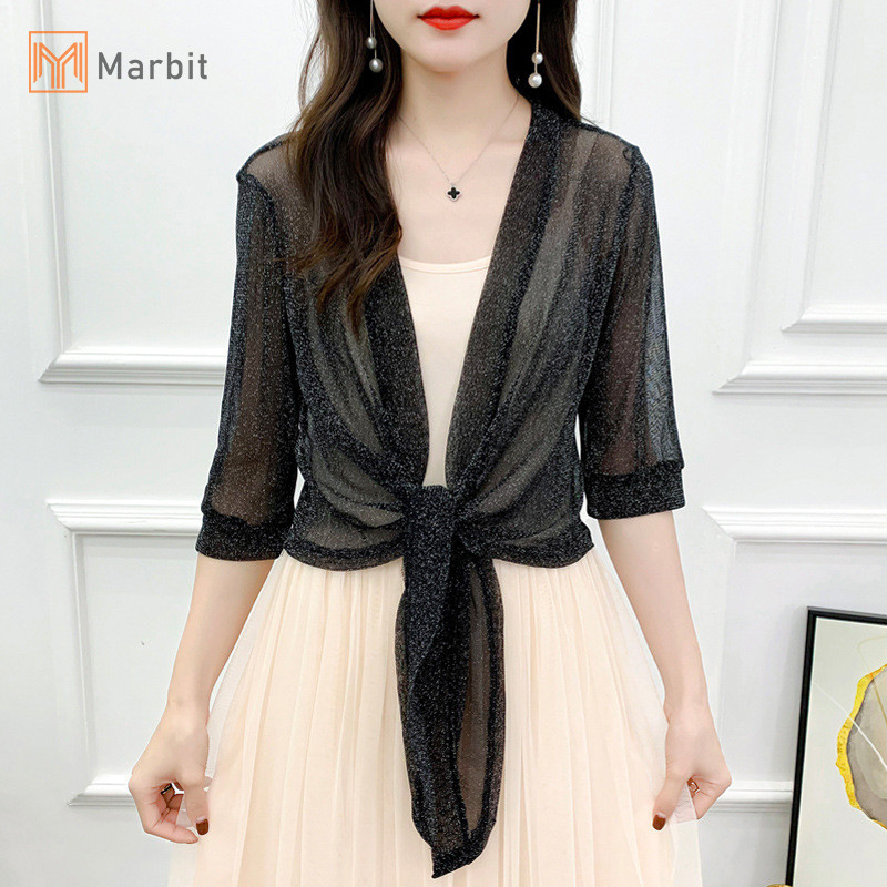 Marbit Áo khoác sành điệu Cardigan nửa tay áo phía trước buộc dây Áo khoác ngắn mỏng mới
