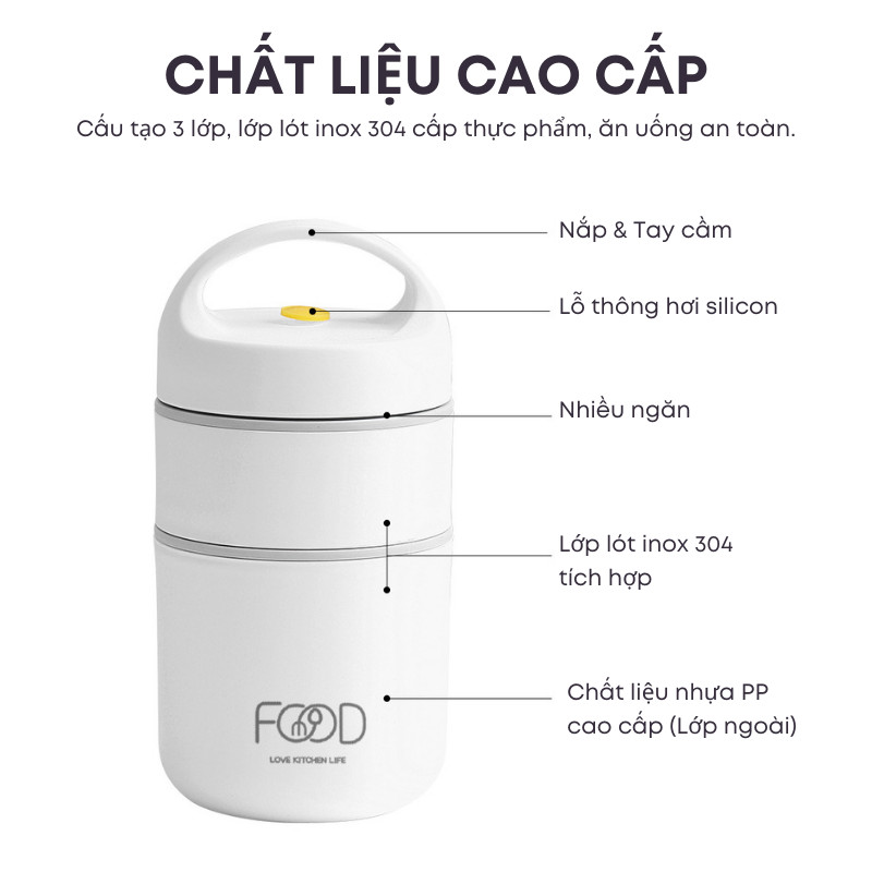 Cặp Lồng Cơm Giữ Nhiệt - Hộp Đựng Cơm Canh, Bình Ủ Cháo Inox 304 3 Lớp Chống Nóng Cao Cấp | 248