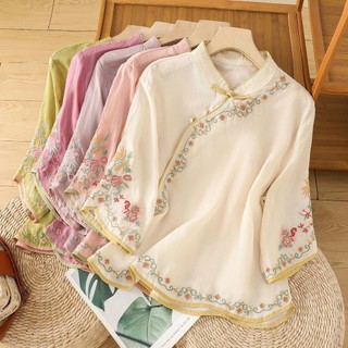 Áo sơ mi cotton lanh thêu phong cách Trung Quốc mới với nút đóng, áo mùa hè mới cổ xiên, phong cách Trung Quốc