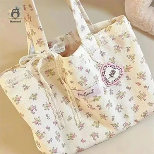 Túi Tote họa tiết hoa vỡ dung tích lớn thời trang ngọt ngào với nơ ren Túi xách lưu trữ Túi xách vải mới