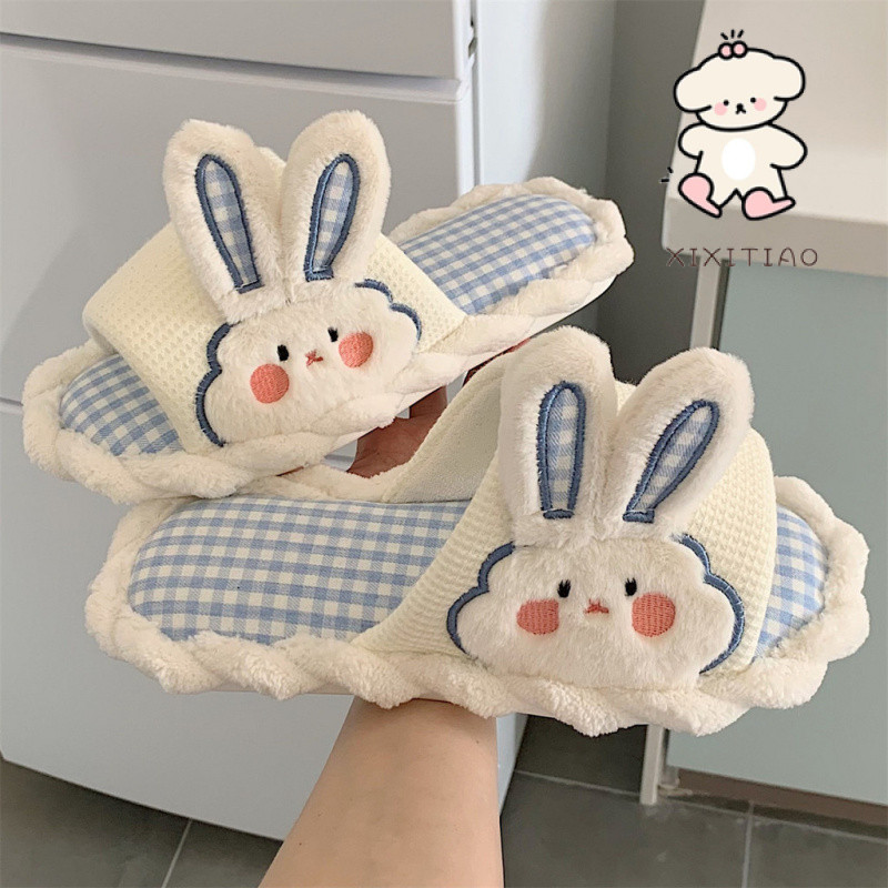 Dép Xixitiao Nữ Vải Lanh Thỏ Dễ Thương Sinh Viên Nhà Bốn Mùa