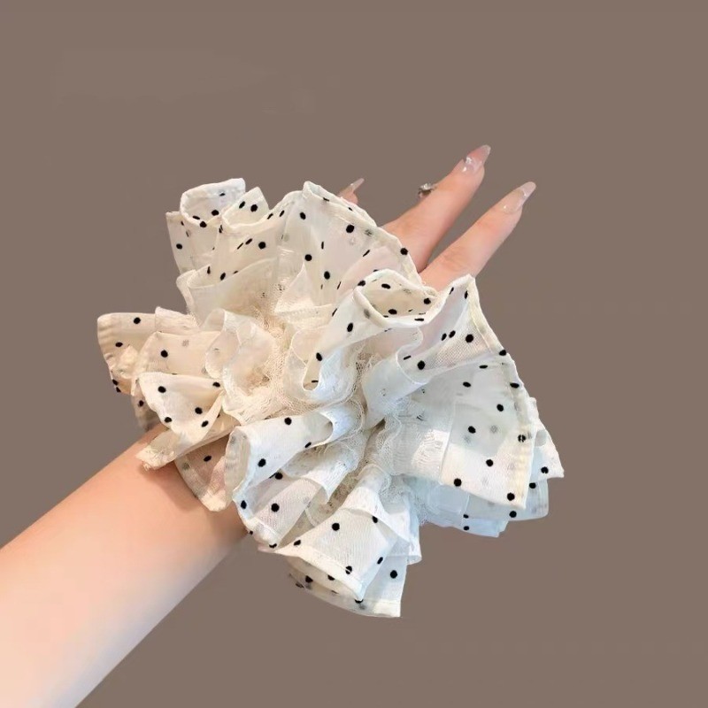 Mauropoli [Sẵn sàng] Dây buộc tóc xếp li chấm bi sang trọng Hàn Quốc Thời trang văn học Cảm giác ren Trim Đuôi ngựa Đầu bóng Phụ kiện tóc