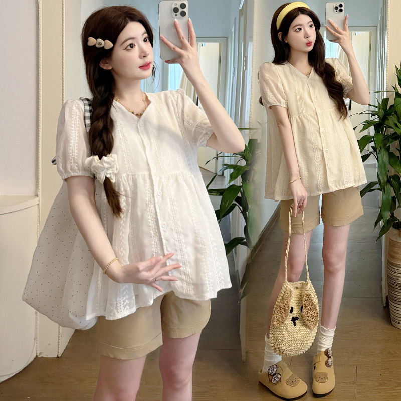 Bộ đồ bà bầu Áo sơ mi ren cổ chữ V ngắn tay mùa hè + Quần Short nâng bụng eo cao Bộ đồ hai mảnh