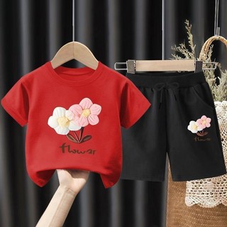 Bộ áo thun ngắn tay họa tiết hoa cho bé gái 2025 và quần Short dài đến đầu gối Bộ trang phục hợp thời trang