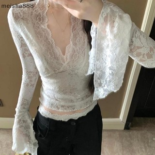 Meisha888 Nữ Gợi Cảm Cổ Chữ V Tay Áo Sơ Mi Ren Pure Desire Rỗng Mỏng Đẹp Crop Top