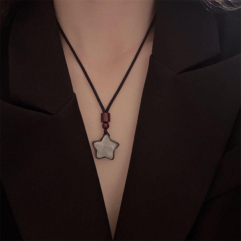 Mặt dây chuyền mặt trăng Obsidian tự nhiên Vòng cổ cặp đôi ngôi sao