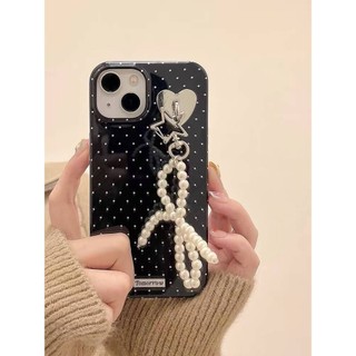 Sang Trọng Phong Cách Hàn Quốc Đen Sóng Điểm Ngọc Trai Nơ Pendent Ốp Lưng Điện Thoại iPhone 15Promax 12 13 14 Pro Max 11 Thời Trang Chống Sốc Silicon Mềm Nữ Tính Nữ Vỏ Di Động