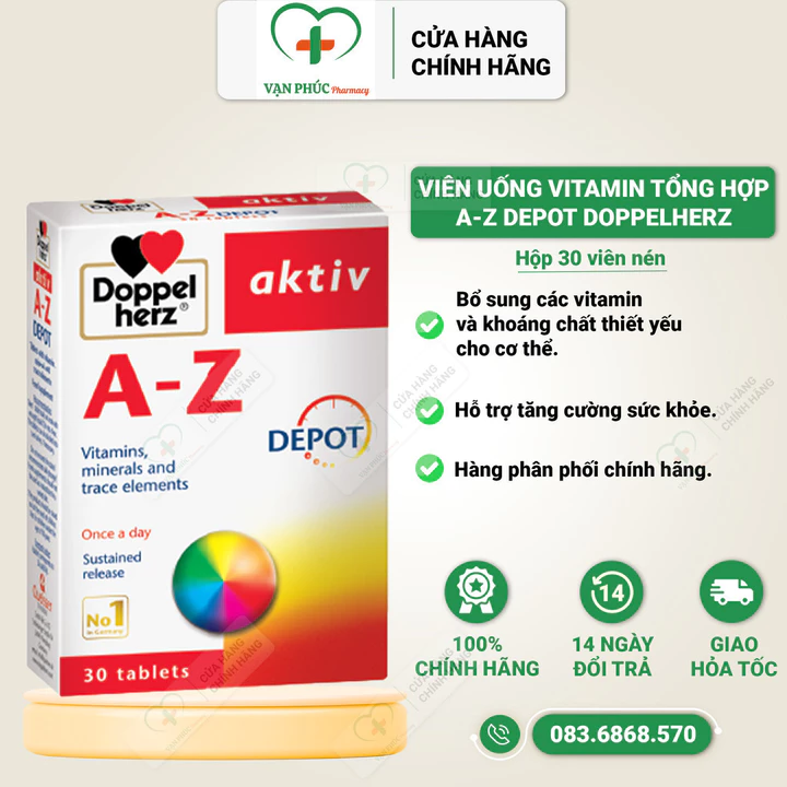 Viên Uống Vitamin Tổng Hợp Tăng Sức Đề Kháng AZ Depot - Vitamin Tổng Hợp, Kẽm, Tăng Cường Sức Khỏe (30V)