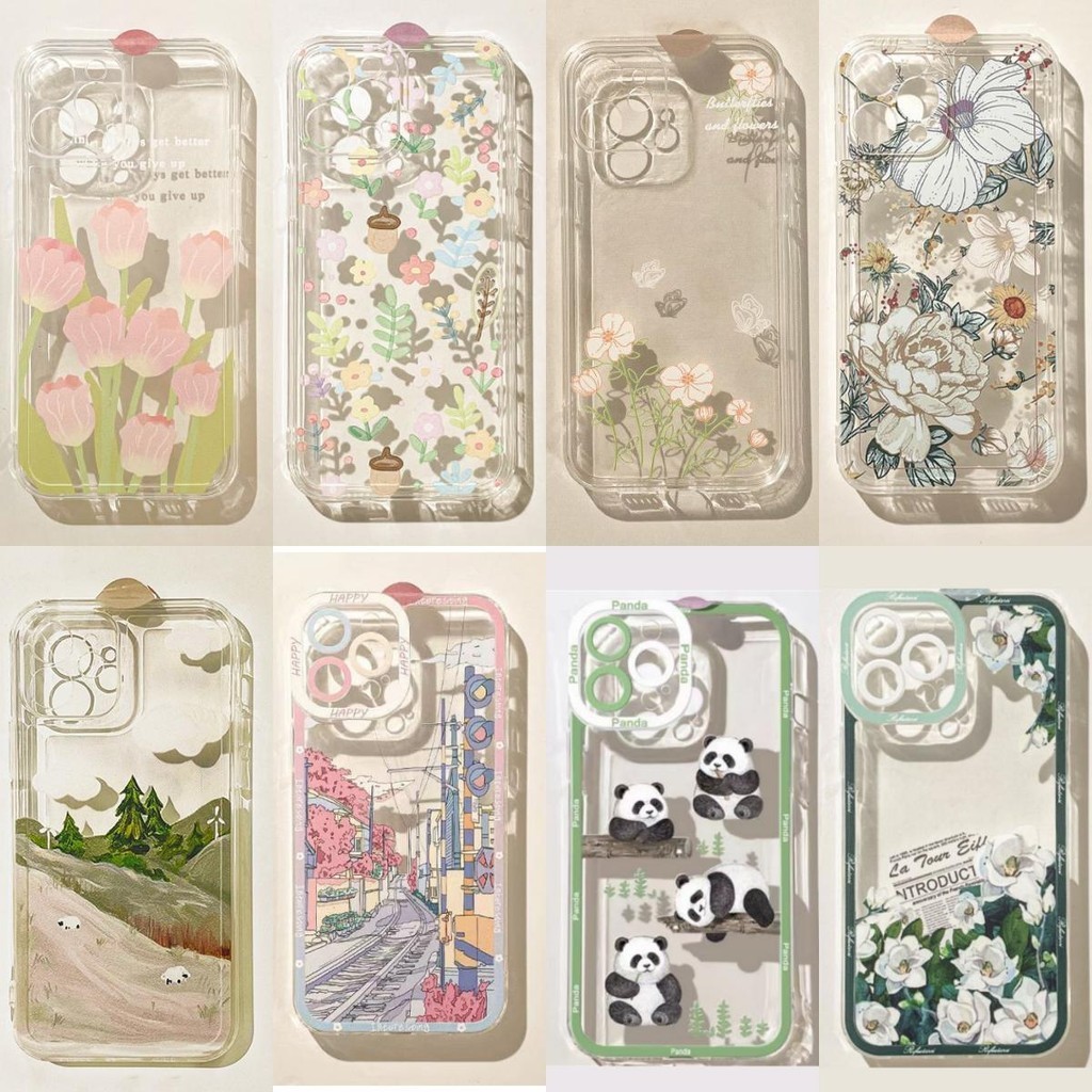 Vỏ hoa trong suốt mùa hè cho OPPO RENO 11 10 Pro 11F 8 7 6 5 7Z 8Z 2F 2Z Realme 8 9 Pro Plus Panda Vỏ điện thoại trong suốt mềm bằng silicon dễ thương