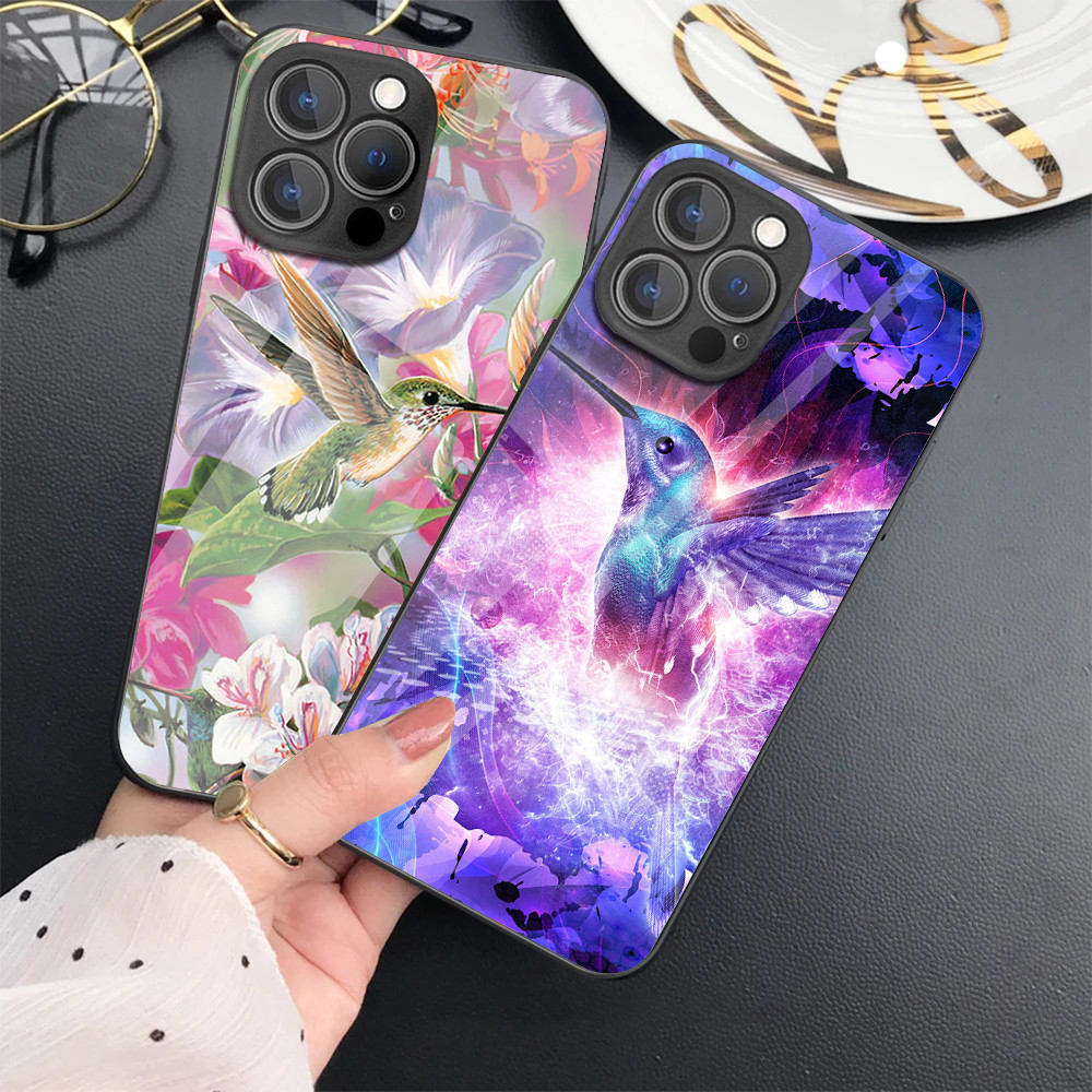 Ốp Điện Thoại Kính Cường Lực Hoa Và Chim Ruồi Cho IPhone 15 14 13 12 11 Pro XS Max Plus Mini X XR 8 7 6s SE2 / 3
