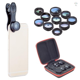 Hilivn) Bộ ống kính máy ảnh điện thoại 10 trong 1 APEXEL với góc rộng 0,63X + Macro 15X + 198°Fisheye + Telephoto 2X + CPL + Bộ lọc sao + Bộ lọc xuyên tâm + Bộ lọc lưu lượng + Kính vạn hoa 3 + Kale