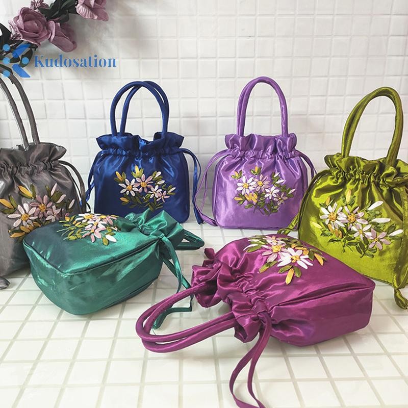 Kudosation Nhỏ Nữ Xô Túi Top Tay Cầm Nữ Túi Xách Điện Thoại Mùa Hè Ví Phong Cách Quốc Gia Thêu Họa Tiết Hoa Túi Dây Rút
