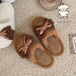 Xixitiao Thu Đông Phong Cách Mới Cổ Tích Phong Cách Nơ Ngọt Ngào Nữ Cotton Dép Thời Trang Retro Đế Mềm Thoải Mái Lông Dép