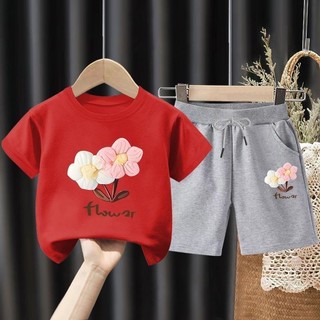 Bộ áo thun ngắn tay họa tiết hoa cho bé gái 2025 và quần Short dài đến đầu gối Bộ trang phục hợp thời trang