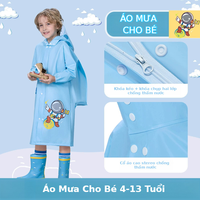 Áo Mưa Cho Bé 4-13 Tuổi Cao Cấp Có Tấm Chắn Cho Bé Trai Bé Gái Kiểu Rộng Đeo Được Ba Lô