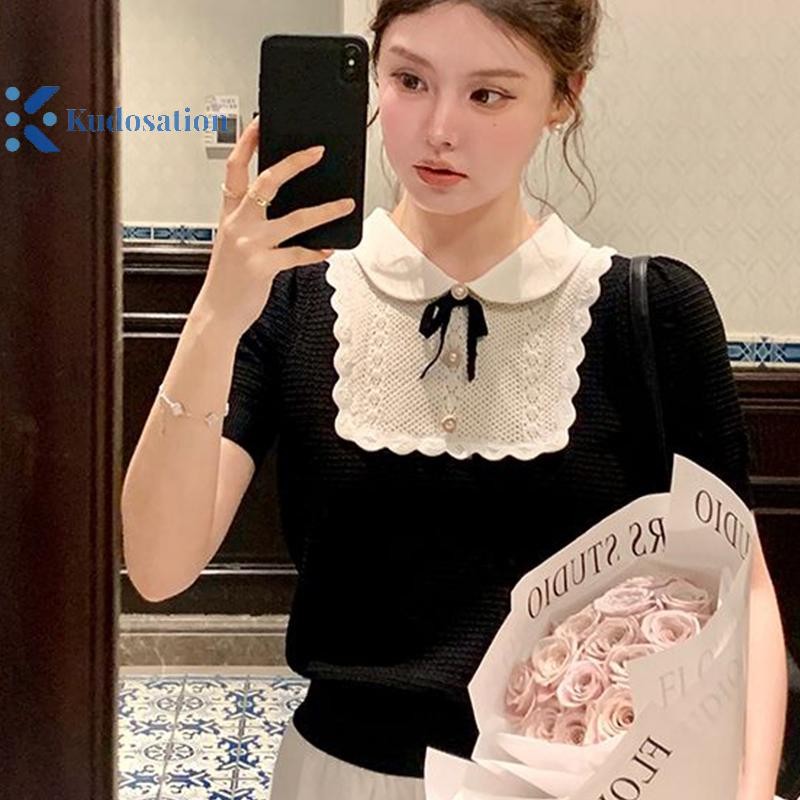 Kudosation Pháp Nơ Ngọt Ngào Cổ Búp Bê Tay Ngắn Chắp Vá Rỗng Cổ Dệt Kim Áo Thun Nữ Đẹp