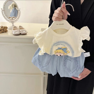 Bộ đồ bé gái mùa hè mới 2025 Áo ngắn tay hoạt hình trẻ em áo hai mảnh quần búp bê bé gái