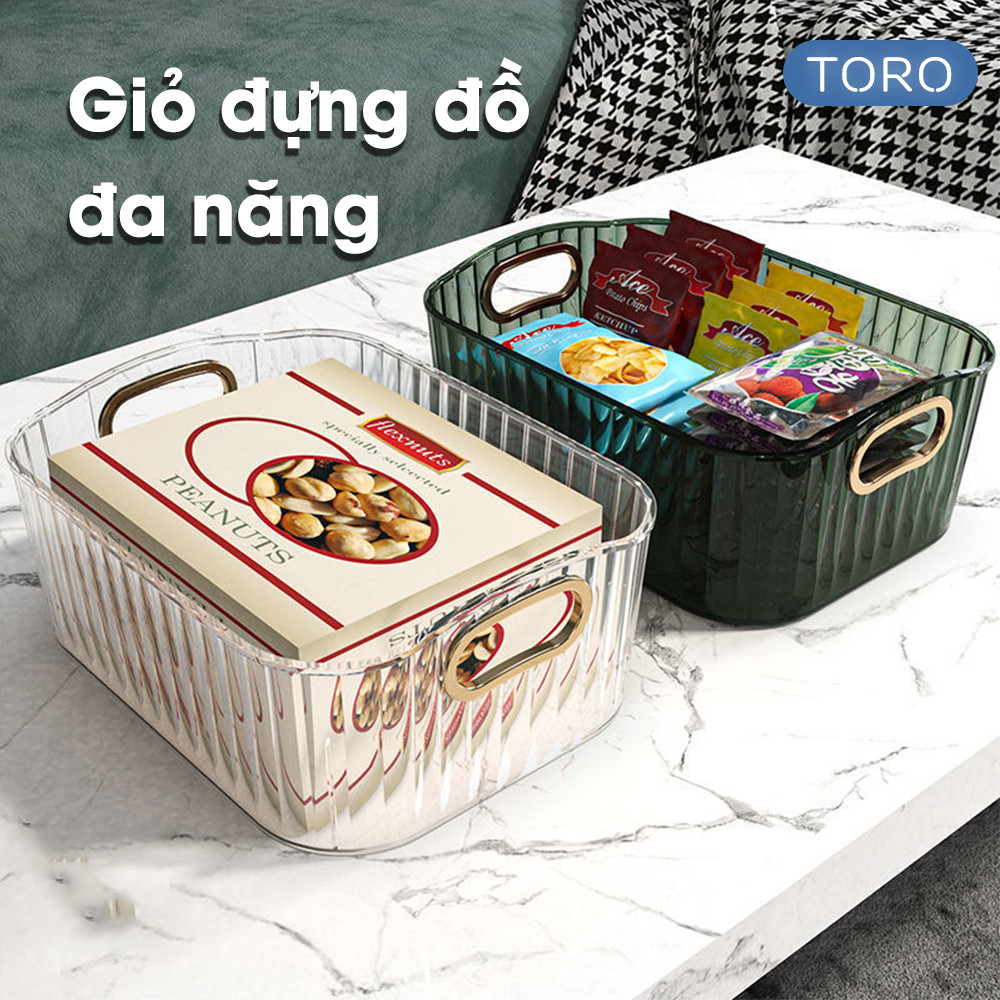 Khay nhựa trong suốt đựng mỹ phẩm DINO có tay cầm đựng đồ để bàn, dụng cụ trang điểm đa năng gọn gàng